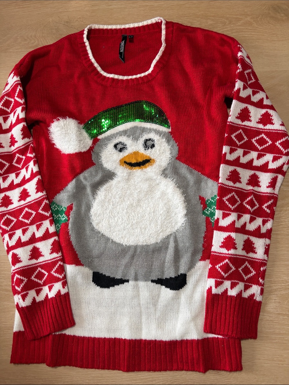 Red and White Holiday Knit Sweater with Patterned Sleeves